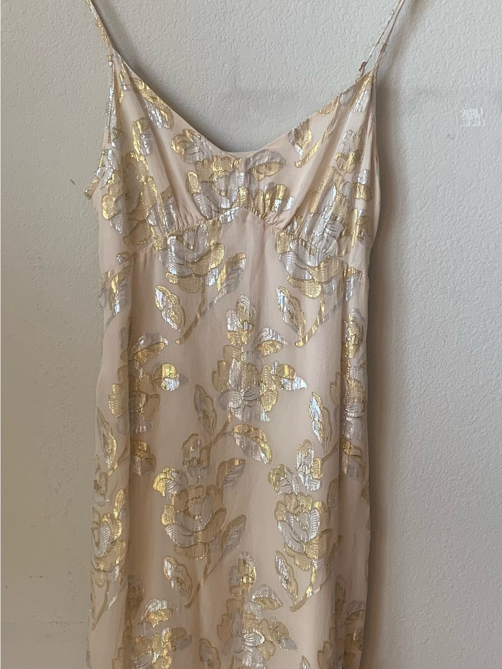 Beige Slip Dress with Gold Floral Sequin Detail- Saltwater Luxe